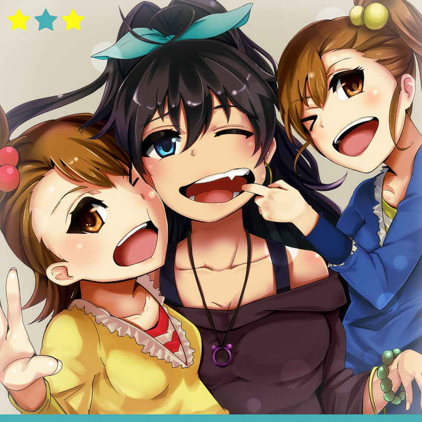 3girls, :t, black_hair, blue_eyes, bracelet, brown_eyes, brown_hair, cheek_press