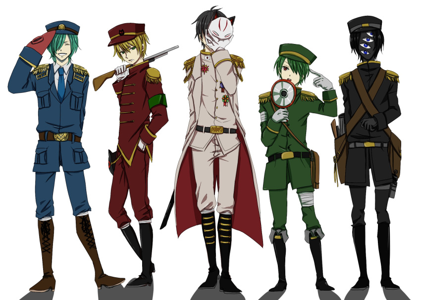 5boys, alternate_costume, aojiru_(yume_2kki), bandages, eyes, fox_mask, gun, kamen_eshi, lineup, looking_at_viewer, mask, megaphone, megusuri_uri, military, multiple_boys, serious, smile, tako_otoko, tentacles, weapon, yukata_(yume_2kki), yume_2kki