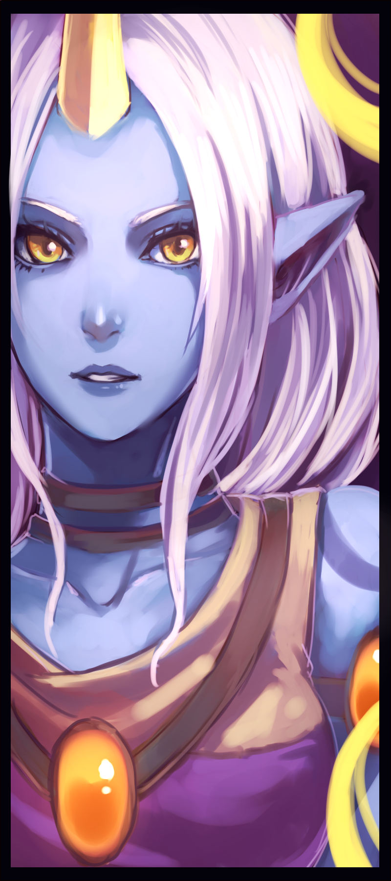 1girl, armlet, blue_skin, bust, collar, darkeagle_an, horn, league_of_legends