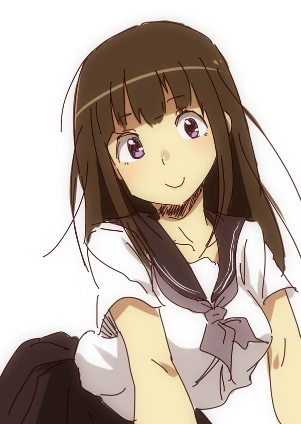 1girl, black_hair, chitanda_eru, hyouka, long_hair, school_uniform, serafuku, smile