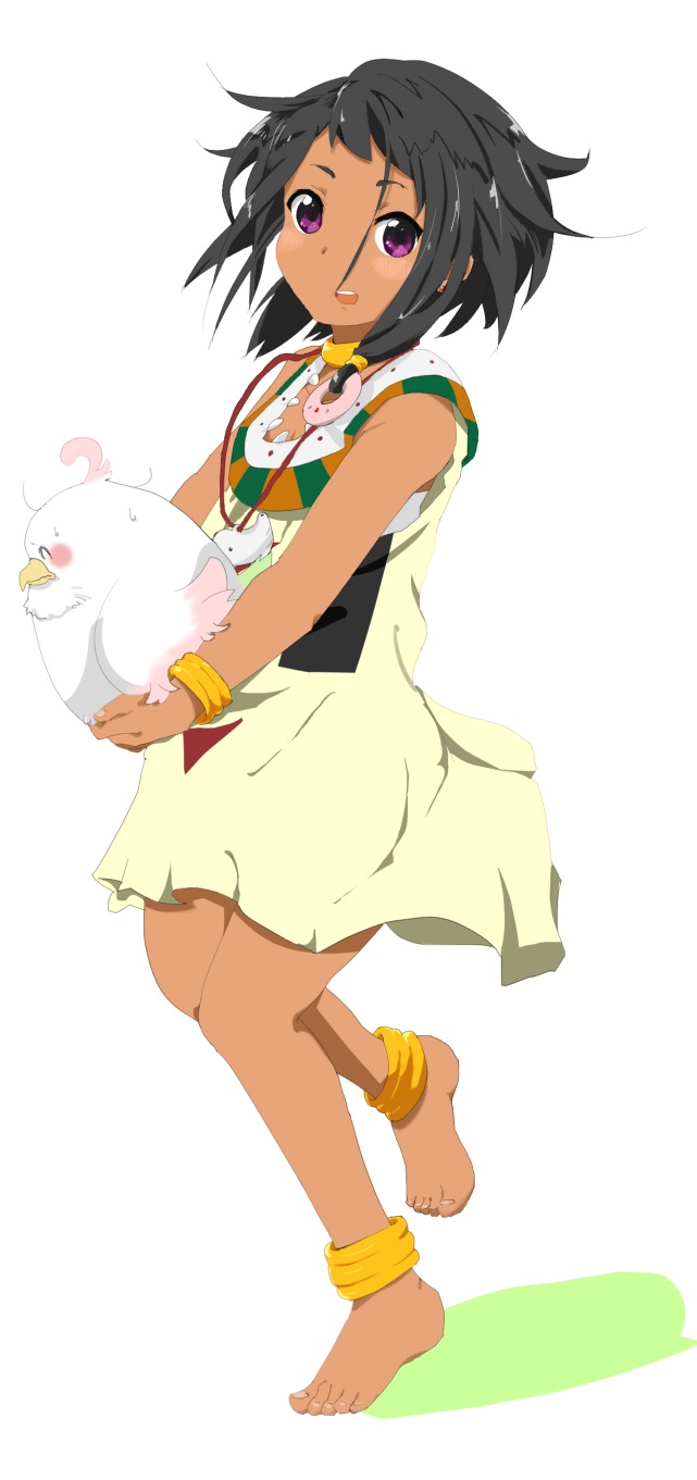 1girl, anklet, barefoot, bird, black_hair, blush, bracelet, choi_mochimazzui