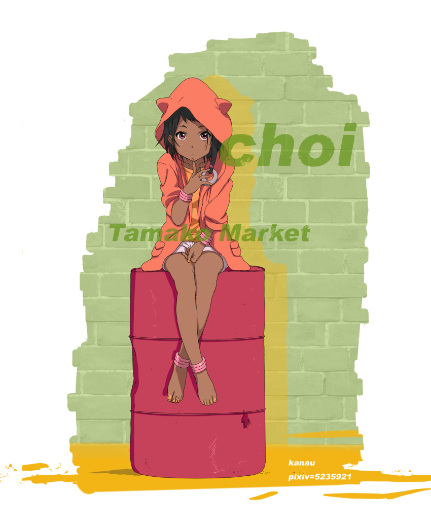1girl, anklet, bare_legs, barefoot, barrel, bracelet, choi_mochimazzui, crossed_legs