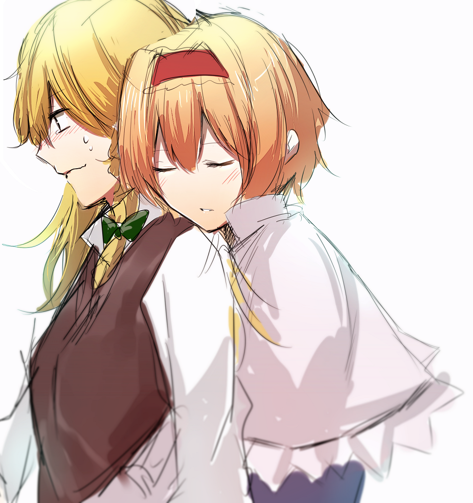 2girls, alice_margatroid, ashiwara_yuu, blonde_hair, blush, closed_eyes, hairband, hug