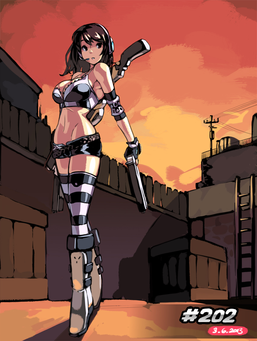 1girl, belt, boots, breasts, brown_eyes, brown_hair, character_request, cleavage