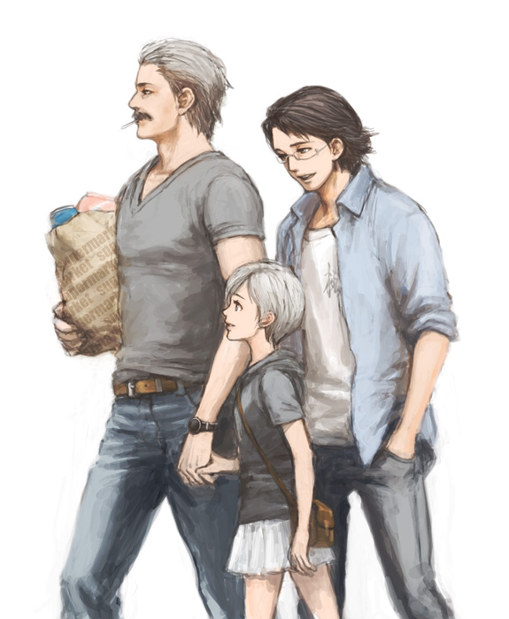 1girl, 2boys, 3459ym, bag, bangs, black_hair, casual, cigarette, facial_hair, family, glasses, grey_hair, hal_emmerich, hands_in_pockets, holding_hands, jeans, metal_gear, metal_gear_solid, metal_gear_solid_4, multiple_boys, mustache, old_snake, open_clothes, open_shirt, parted_bangs, semi-rimless_glasses, shopping_bag, short_hair, silver_hair, skirt, sleeves_rolled_up, smoking, solid_snake, sunny_gurlukovich, t-shirt, watch, watch