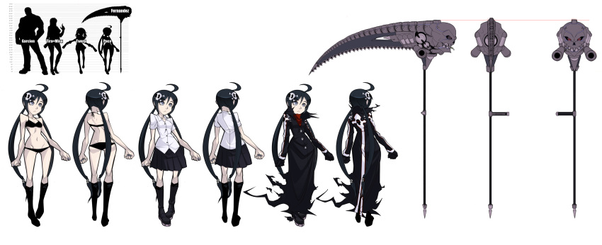 1girl, :<, absurdres, ahoge, black_bra, black_gloves, black_hair, black_legwear, black_panties, blue_eyes, boots, bra, character_sheet, gloves, hair_ornament, height_chart, highres, huge_weapon, long_coat, long_hair, navel, original, panties, pigeon-toed, poco_muerte, school_uniform, scythe, skull_hair_ornament, socks, solo, spikewible, underwear, underwear_only, weapon