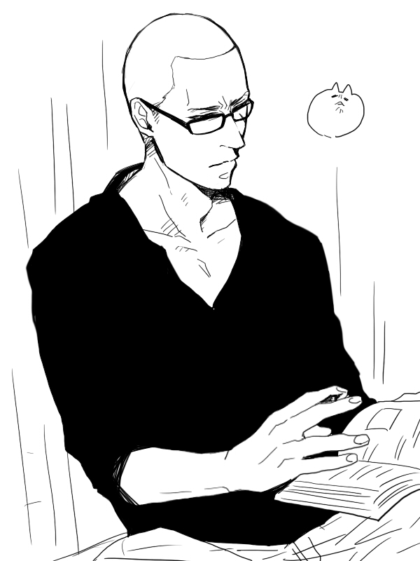 1boy, bespectacled, buzz_cut, glasses, jake_muller, monochrome, niisan_alpha, reading