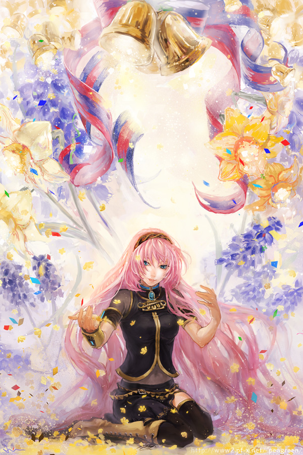 1girl, aqua_eyes, bell, boots, flower, hairband, long_hair, looking_at_viewer