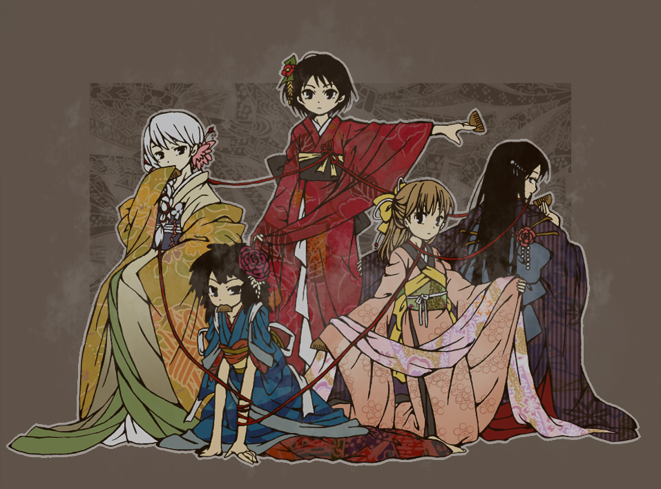 5girls, black_hair, brown_hair, comb, flower, grey_background, hair_flower, hair_ornament
