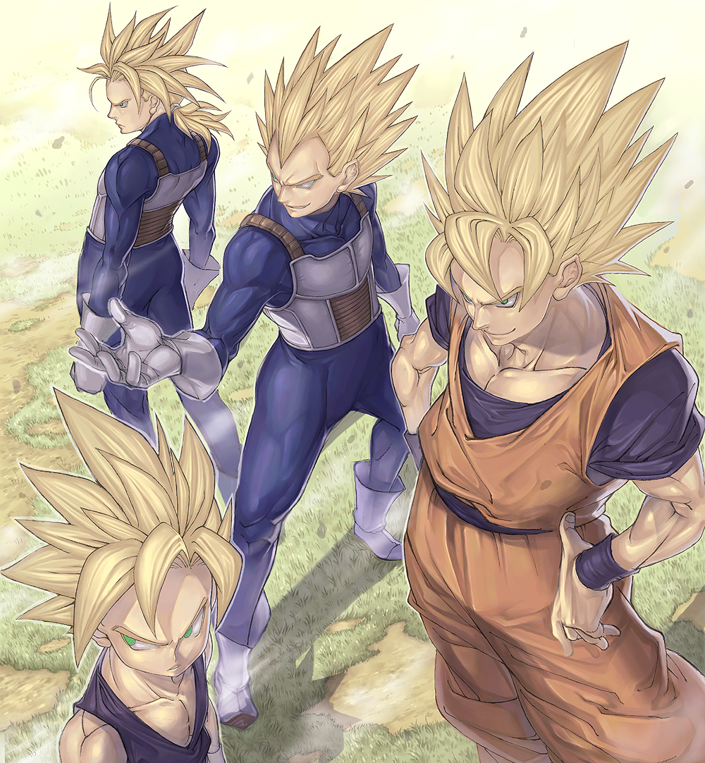 blonde_hair, dragon_ball, dragon_ball_z, epic, father_and_son, gloves, green_eyes, katsutake