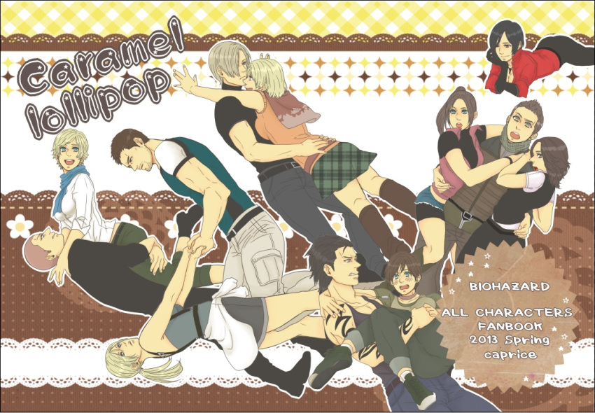 ada_wong, arm_around_waist, ashley_graham, bangs, bike_shorts, billy_coen, black_hair, blonde_hair