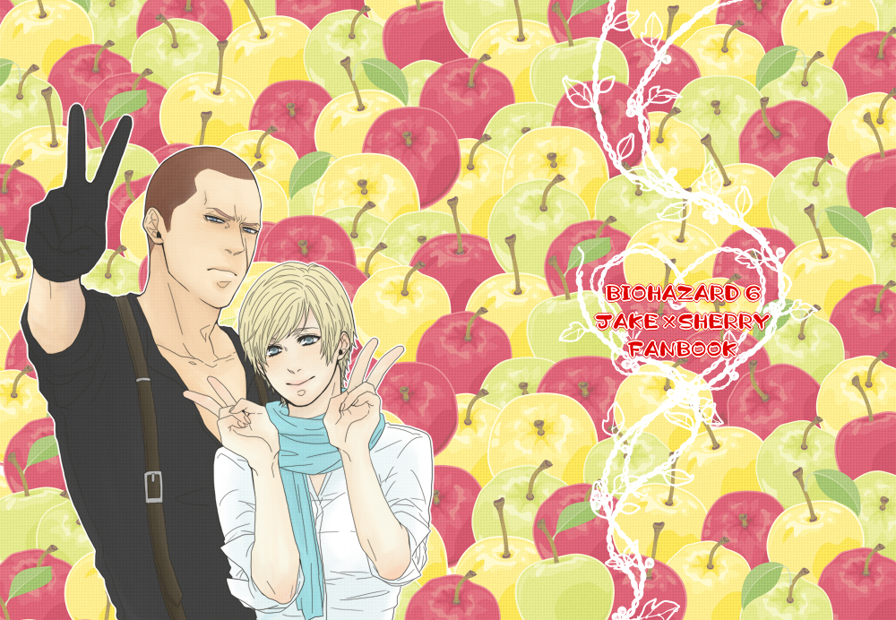 1boy, 1girl, apple, blonde_hair, blue_eyes, buzz_cut, cover, cover_page