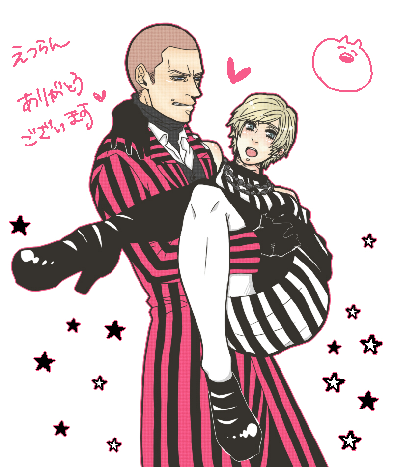 1boy, 1girl, arm_around_neck, bare_shoulders, black_gloves, blonde_hair, blue_eyes, blush