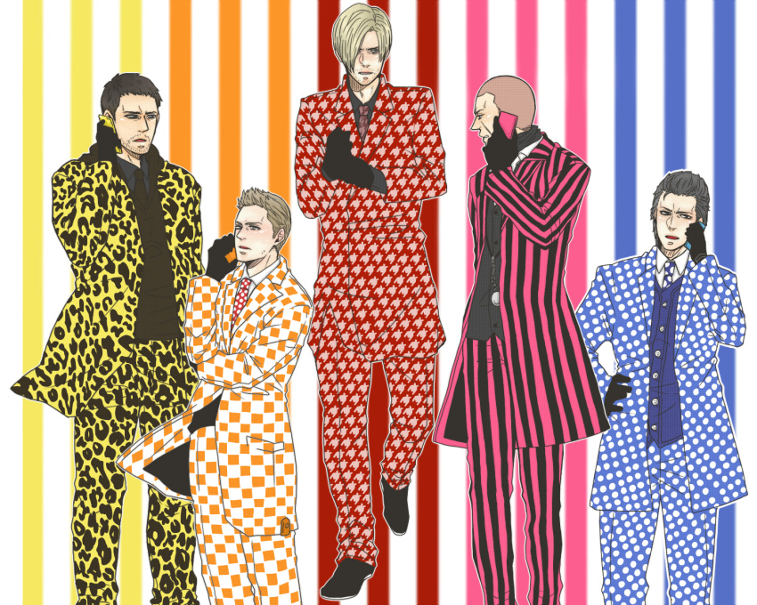 5boys, black_gloves, blonde_hair, blue_eyes, brown_hair, buzz_cut, cellphone, character_request
