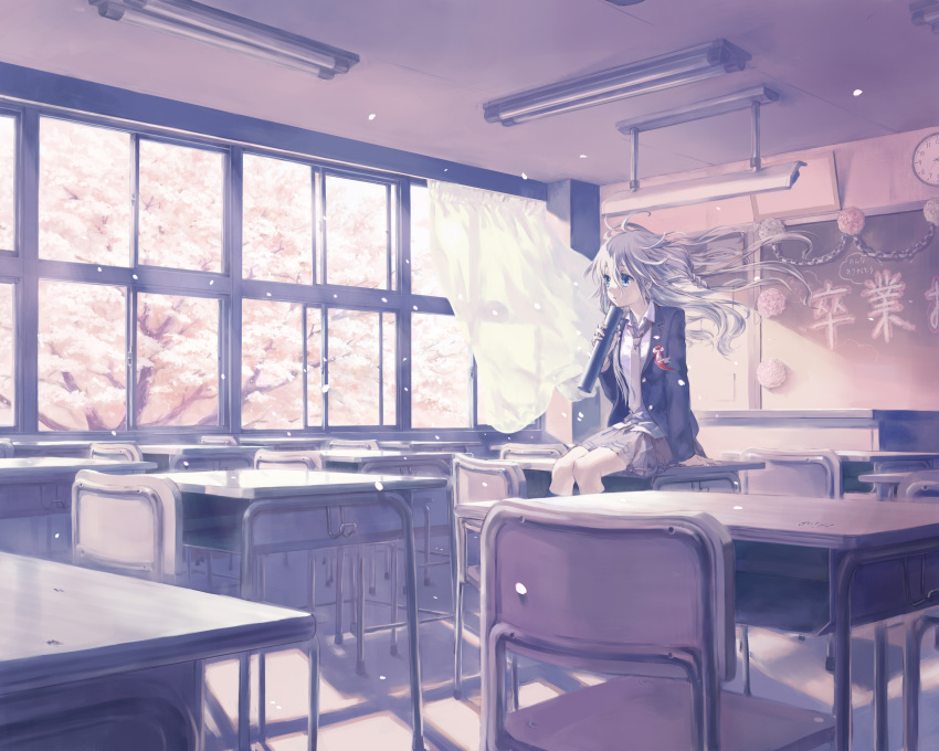 1girl, blue_eyes, braid, chair, chalkboard, cherry_blossoms, classroom, desk