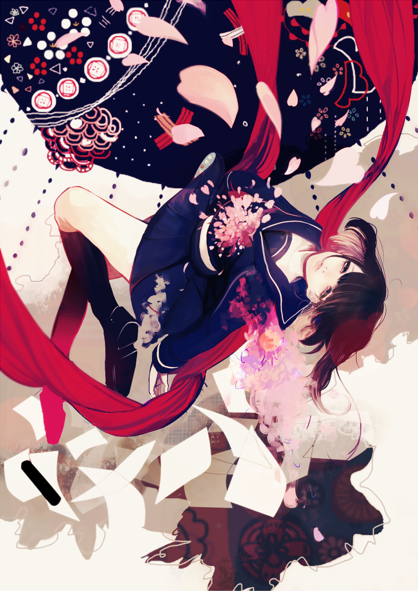 black_hair, brown_eyes, merdell, open_mouth, original, paper, petals, school_uniform, skirt