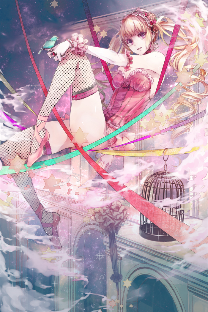 ballet_slippers, bird, birdcage, blonde_hair, bracelet, bustier, cage, cross-laced_footwear