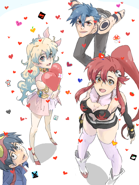 2boys, 2girls, bikini_top, blue_hair, from_above, goggles, goggles_on_head, hair_ornament