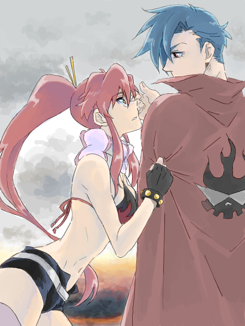 1boy, 1girl, bikini_top, blue_hair, cape, couple, hand_on_another's_face, kamina, ponytail, redhead, ru&amp;pauda_(artist), scarf, short_shorts, shorts, tegaki, tengen_toppa_gurren_lagann, thigh-highs, yoko_littner