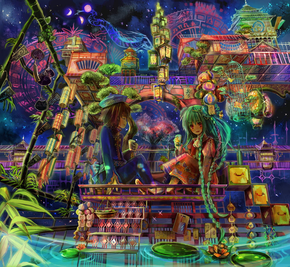 1boy, 1girl, ay@se, blue_hair, braid, night, night_sky, original, sky, star_(sky), starry_sky, tagme