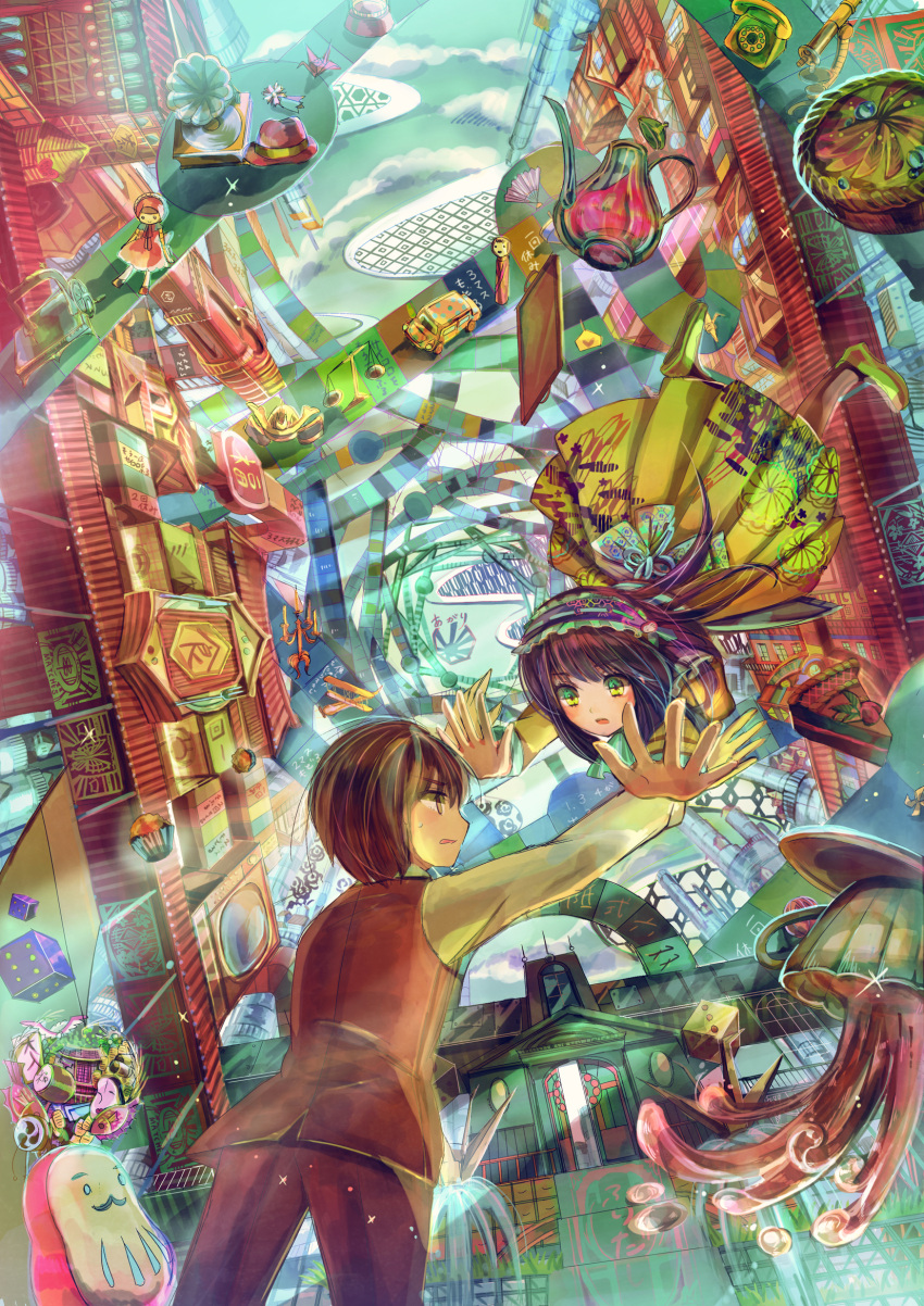 1boy, 1girl, ay@se, black_hair, brown_hair, doll, flying, hat, original, phonograph, tagme