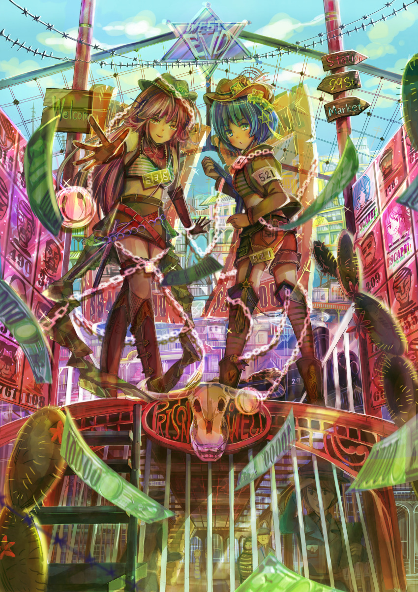 2girls, ay@se, blue_hair, money, multiple_girls, original, pink_hair, tagme