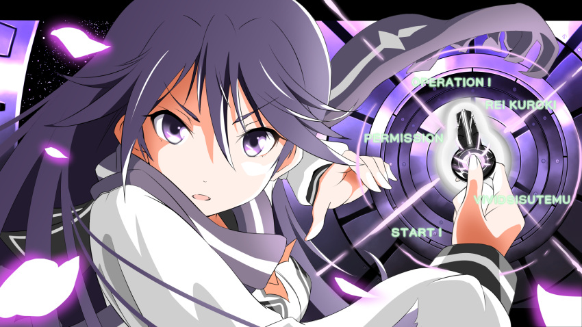 1girl, black_hair, kuroki_rei, long_hair, panikuru_yuuto, scarf, school_uniform, solo