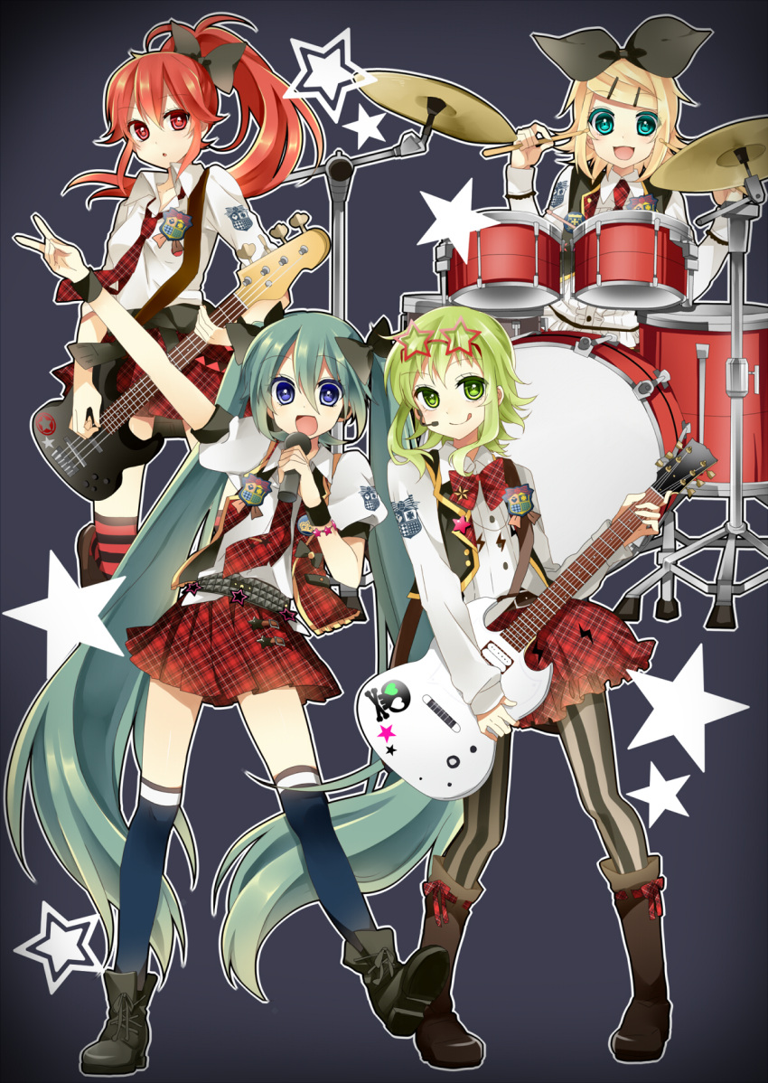 4girls, :q, arm_up, belt, blonde_hair, blue_eyes, boots, bowtie, cul, drum, drum_set, drumsticks, electric_guitar, glasses_on_head, green_eyes, green_hair, guitar, gumi, hair_ornament, hair_ribbon, hairclip, hatsune_miku, headset, highres, ichinose_yukino, instrument, kagamine_rin, long_hair, microphone, multiple_girls, necktie, open_mouth, outstretched_arm, pantyhose, ponytail, red_eyes, redhead, ribbon, short_hair, simple_background, skirt, star, star-shaped_glasses, striped, striped_legwear, thigh-highs, tongue, twintails, v, vertical-striped_legwear, vertical_stripes, very_long_hair, vest, vocaloid