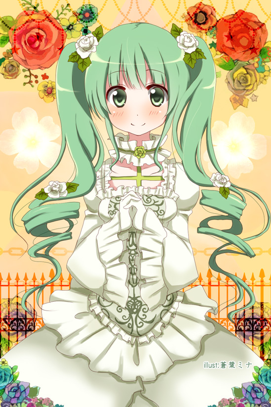 1girl, aoba_mina, artist_name, dress, flower, gloves, green_eyes, green_hair