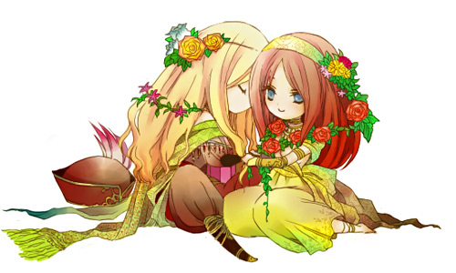 anna_(ff4), blonde_hair, blue_eyes, brown_hair, couple, dress, closed_eyes, female, final_fantasy, final_fantasy_iv, flower, gilbart_chris_von_muir, hairband, hat, long_hair, male, nightingale_(artist), rose, sitting