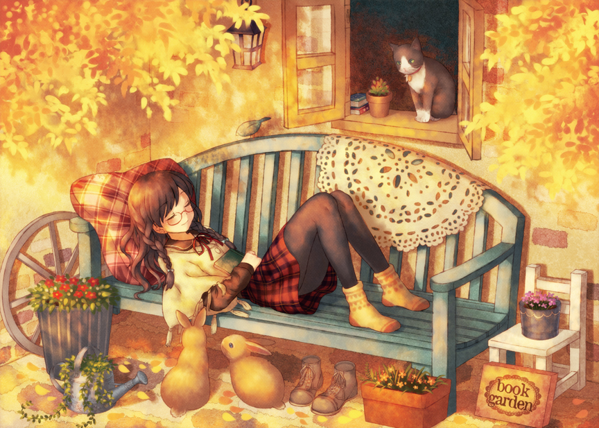 1girl, bench, book, braid, brown_hair, cat, closed_eyes, flower