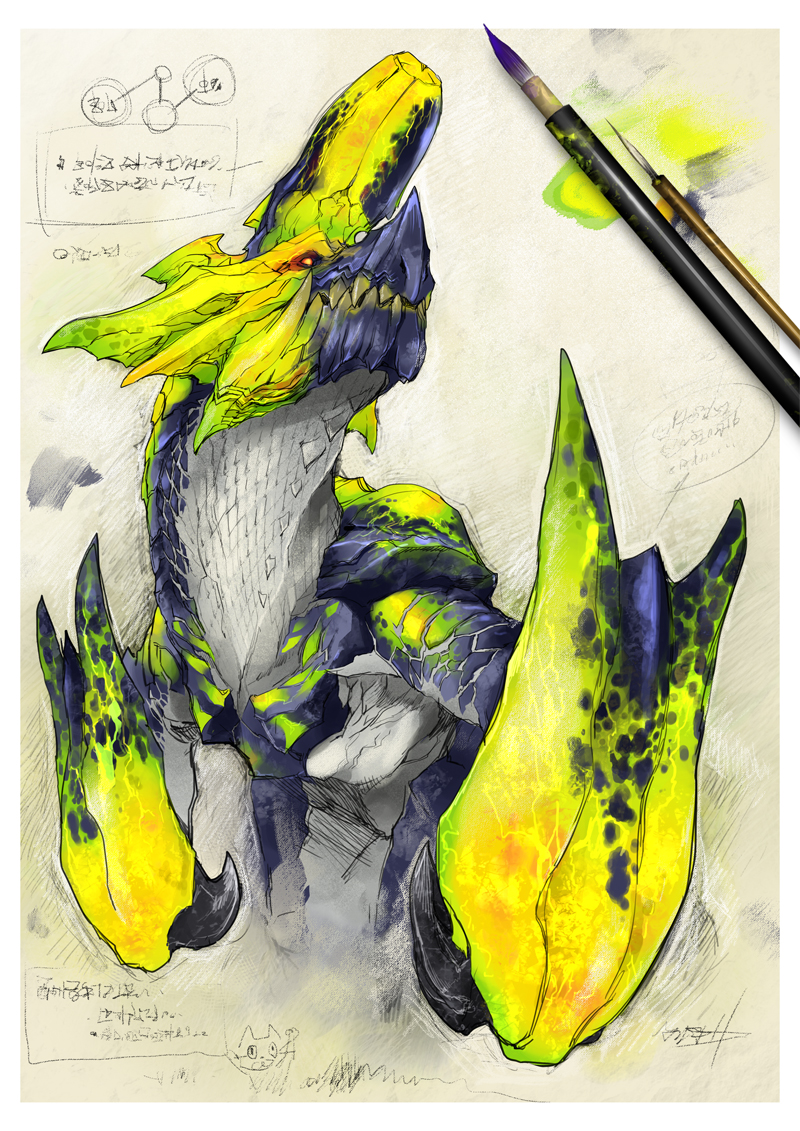 brachydios, glowing, glowing_eyes, monster, monster_hunter, paint, paintbrush, red_eyes, ryuuta_(ipse), sharp_teeth, solo