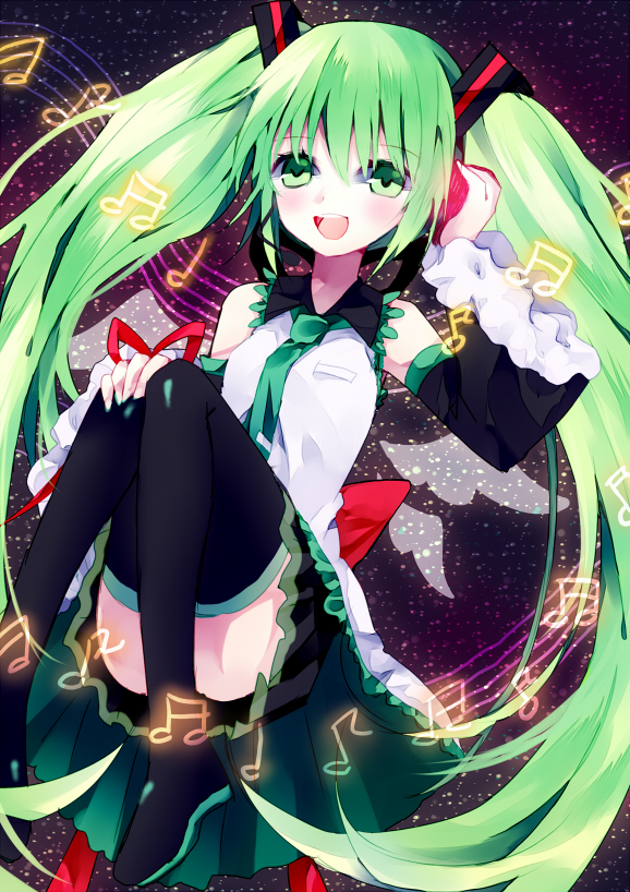 1girl, detached_sleeves, green_eyes, green_hair, hatobue, hatsune_miku, headset, long_hair