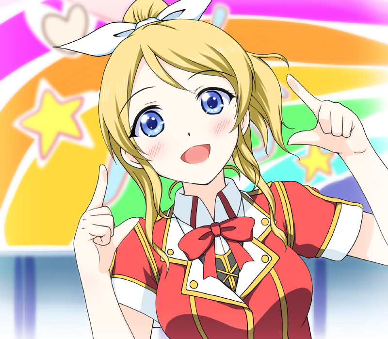 :d, ayase_eli, blonde_hair, blue_eyes, bow, bust, love_live!_school_idol_project, open_mouth, ponytail, rainbow, smile, star, yashiro