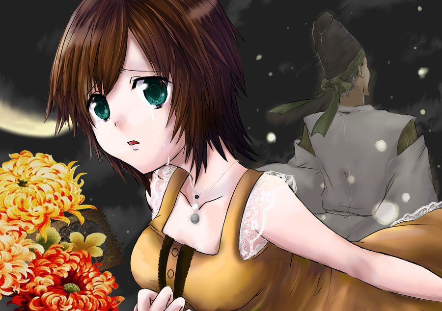 breasts, brown_hair, dress, fatal_frame, fatal_frame_4, father_and_daughter, flower, hat