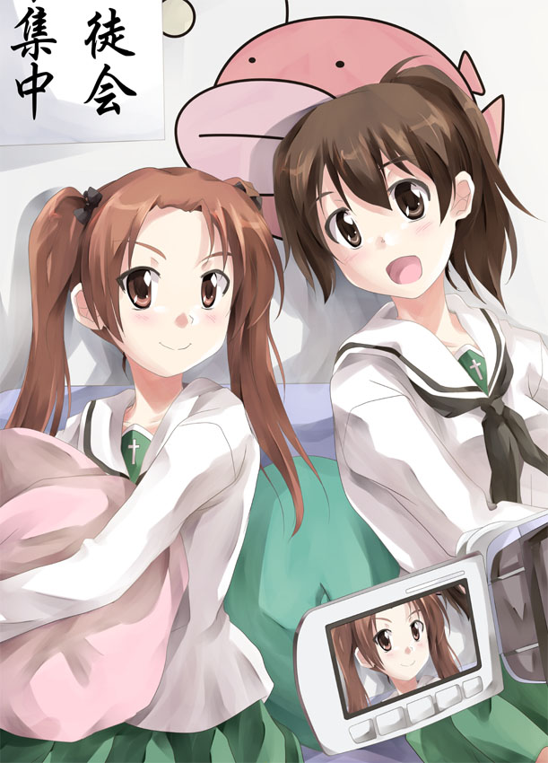 2girls, anglerfish_girl, blush, brown_eyes, brown_hair, camcorder, girls_und_panzer, green_skirt