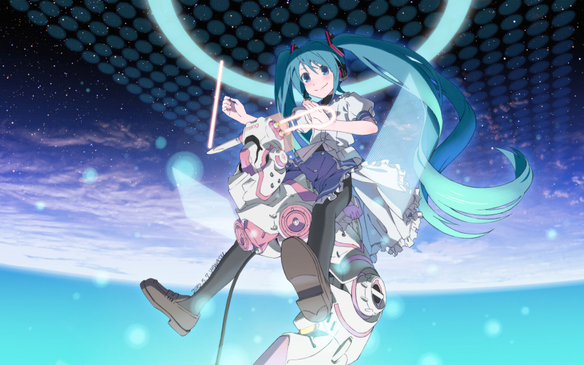 1girl, 2010, aqua_eyes, aqua_hair, artist_name, dated, floating_hair, hatsune_miku, highres, instrument, legs, loafers, long_hair, pantyhose, revision, riding, shiwasu_takashi, shoes, skirt, sky, smile, solo, space, star_(sky), starry_sky, theremin, twintails, very_long_hair, vocaloid, wallpaper