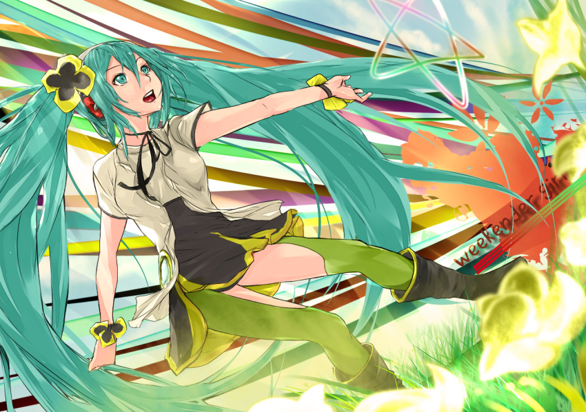 1girl, aqua_eyes, aqua_hair, boots, cafekun, dress, flower, hair_flower