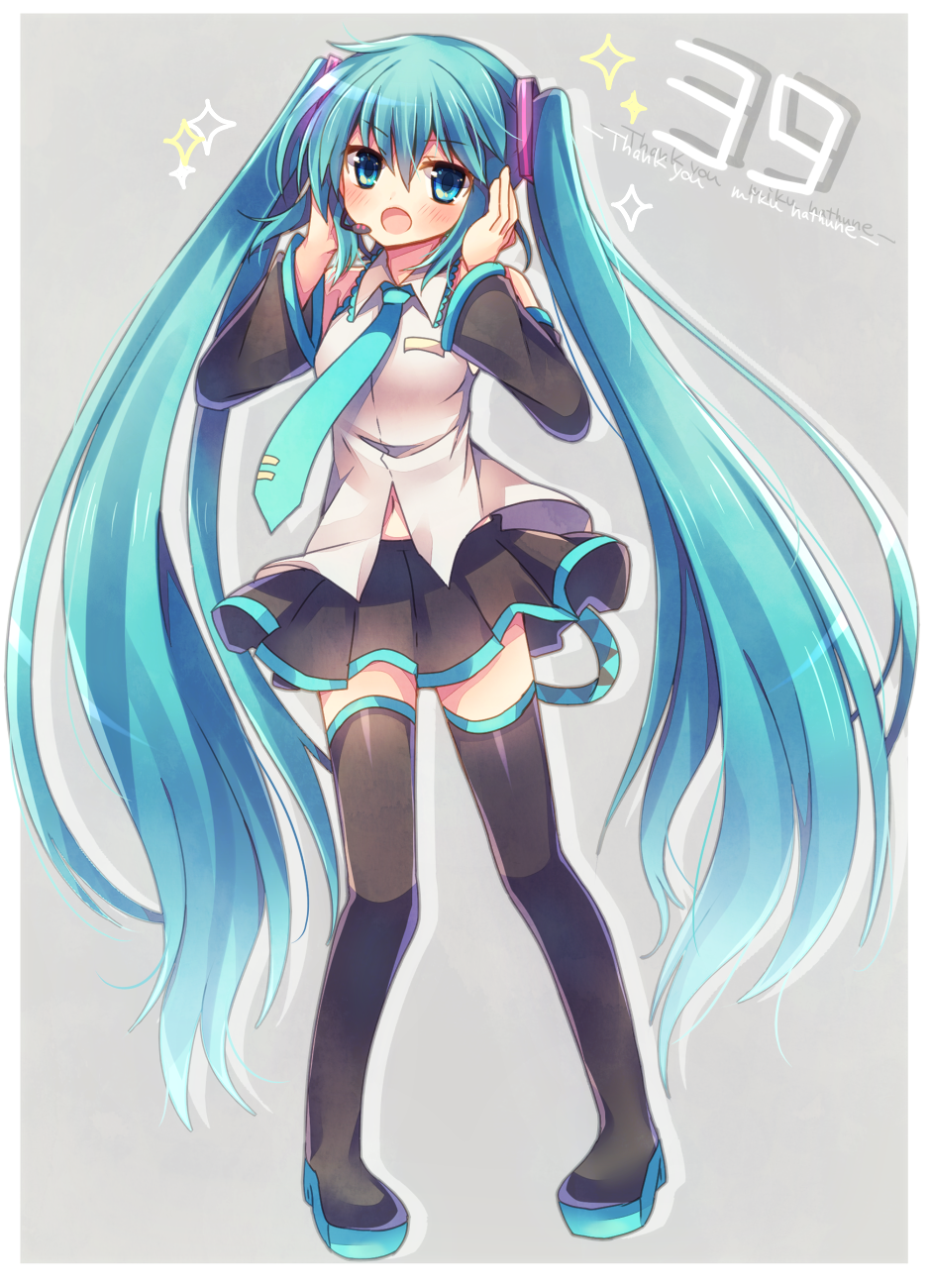 1girl, 39, aqua_eyes, aqua_hair, boots, character_name, detached_sleeves, hands_on_headphones