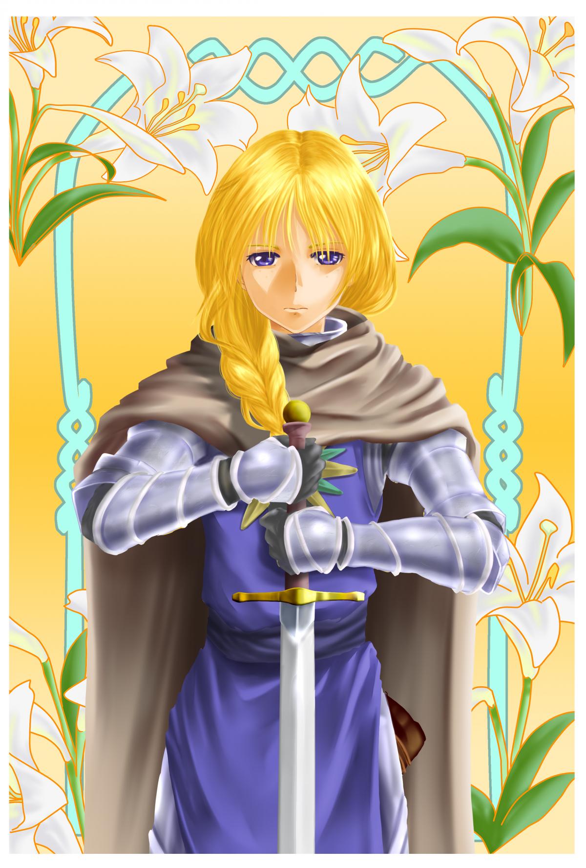 1girl, armor, blonde_hair, blue_eyes, braid, cape, flower, freckles
