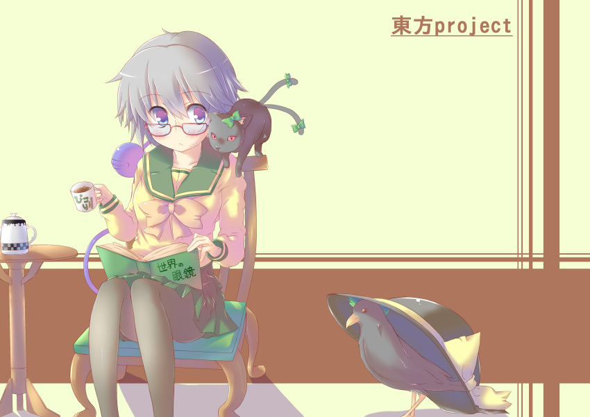 1girl, bespectacled, bird, black_legwear, blue_eyes, blush, book, breasts