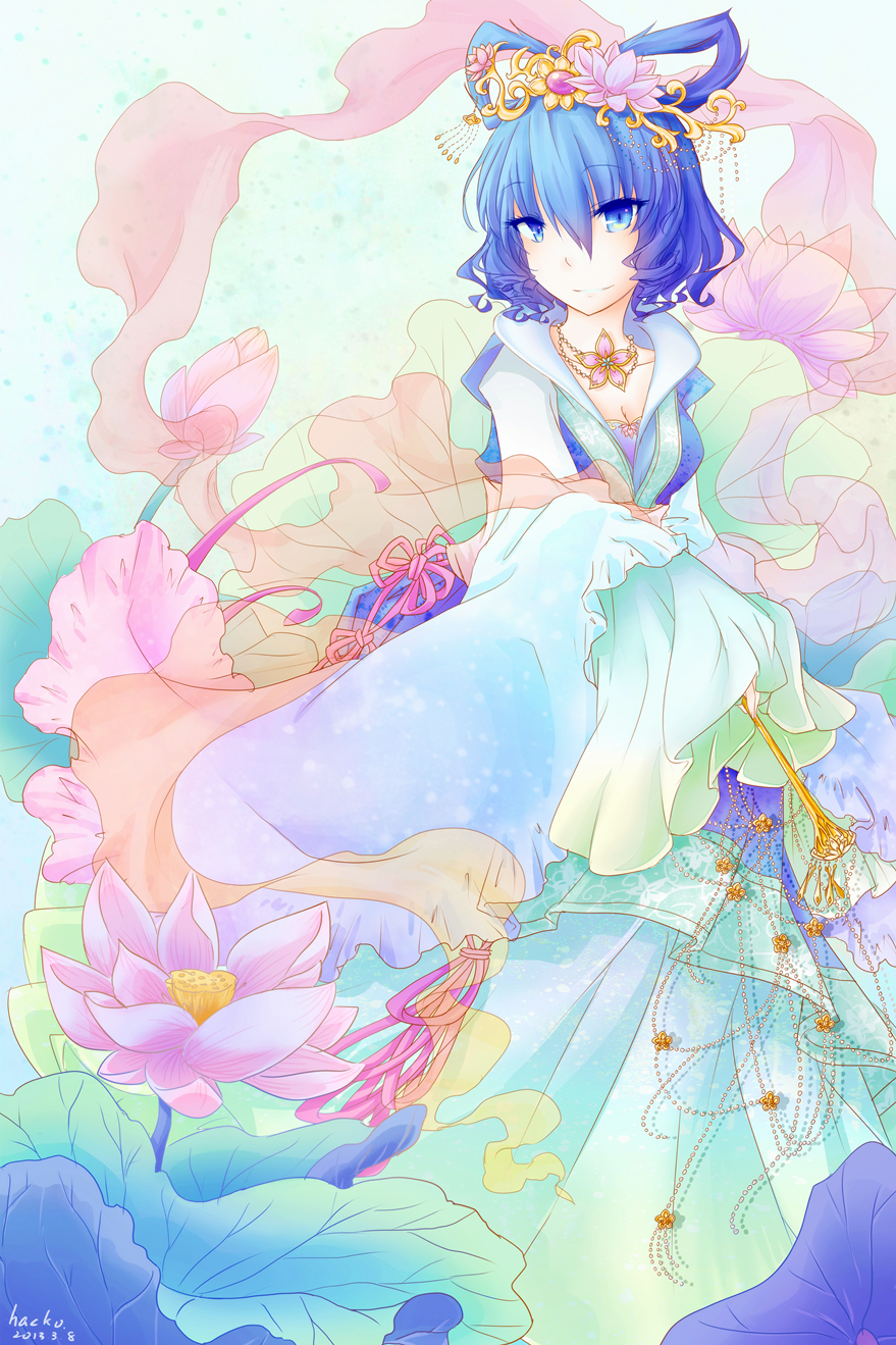 1girl, alternate_costume, blue_eyes, blue_hair, breasts, chinese_clothes, cleavage, dress