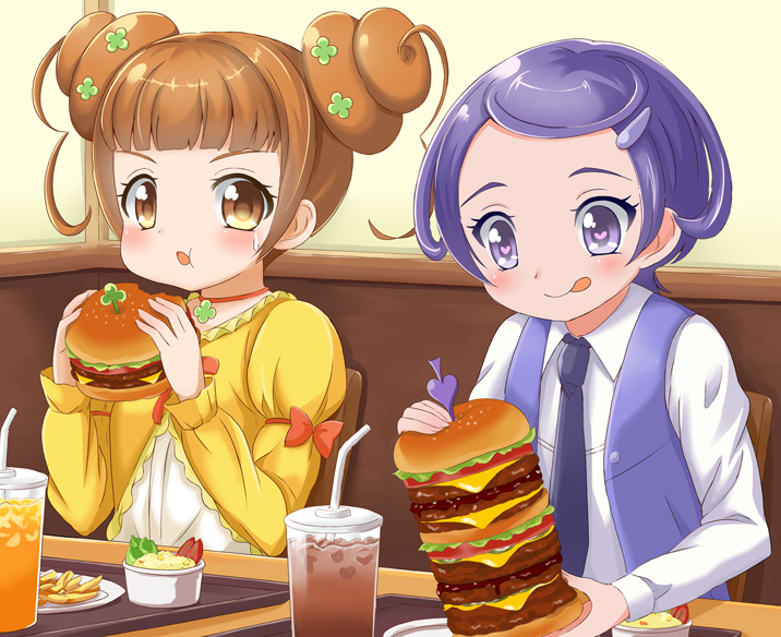 2girls, blush, chair, dokidoki!_precure, dress, eating, food, french_fries