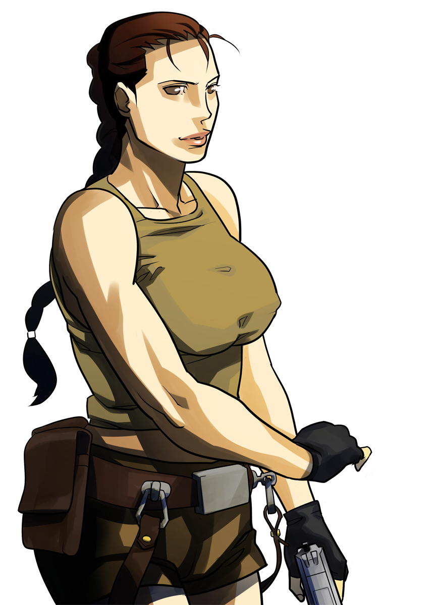 1girl, angelina_jolie, bare_shoulders, belt, braid, breasts, brown_eyes, brown_hair
