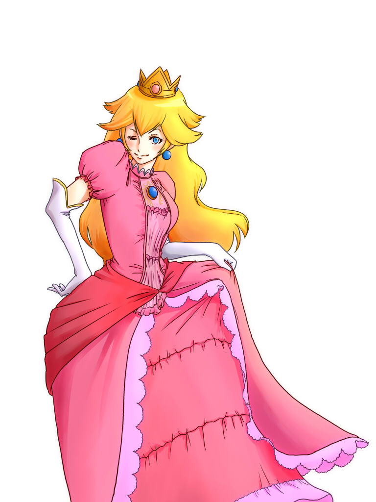 1girl, blonde_hair, blue_eyes, crown, curtsey, dress, earrings, elbow_gloves, gloves, jewelry, kei_roku, long_dress, long_hair, pink_dress, princess_peach, skirt_hold, solo, super_mario_bros., white_gloves, wink