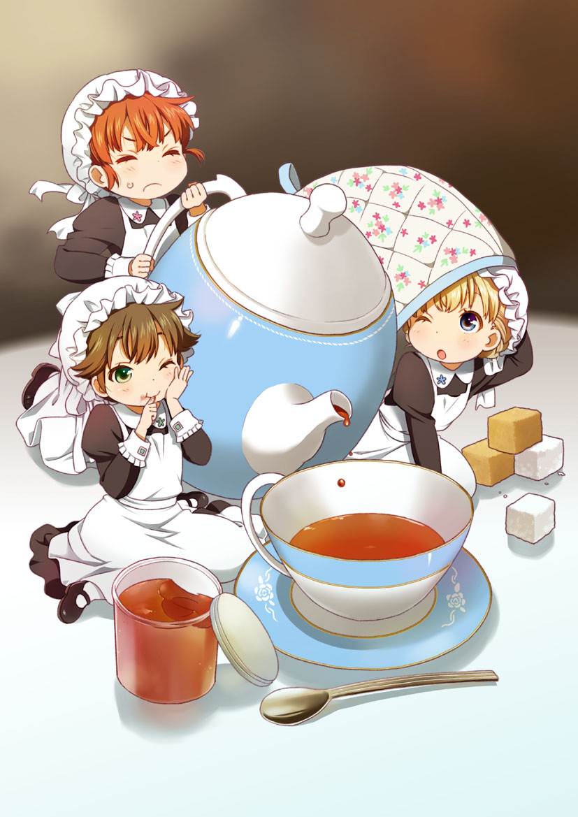 >:(, 3girls, :t, ;), ;o, blonde_hair, brown_hair, closed_eyes, cup, dripping, food, food_on_face, hand_on_own_cheek, hat, maid, maid_cap, mary_janes, mattaku_mosuke, minigirl, multiple_girls, original, pantyhose, redhead, saucer, shoes, short_hair, spoon, sugar_cube, sweat, tea, tea_fairy, teacup, teapot, white_legwear, wink