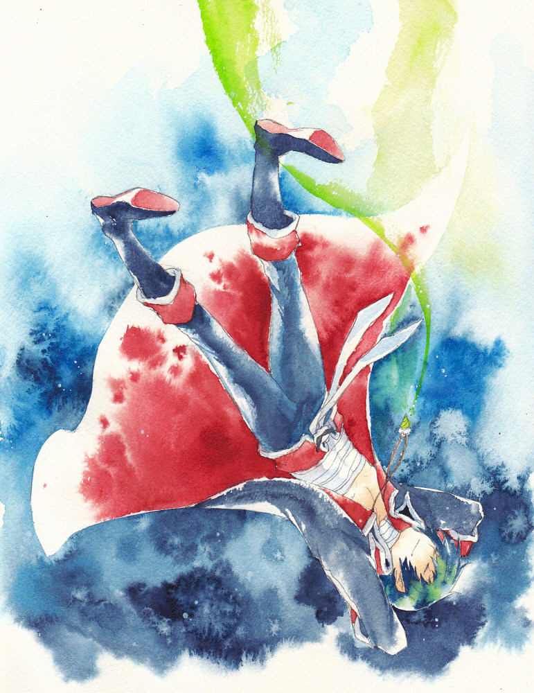 1boy, adult, arms_up, blue_hair, boots, closed_eyes, falling, garlock_simon