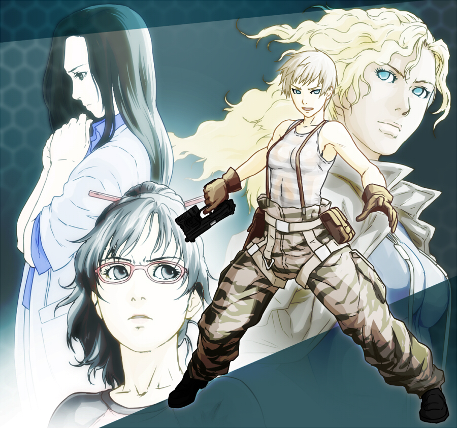 4girls, black_hair, blonde_hair, blue_eyes, breasts, cargo_pants, emma_emmerich, fortune_(metal_gear)