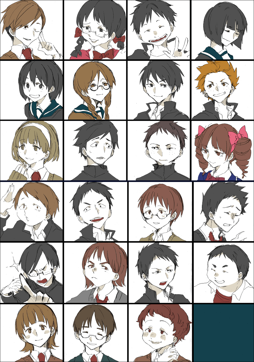 black_hair, braid, brown_hair, chibi_maruko-chan, drill_hair, fujiki_shigeru, fuyuta_misuzu, glasses, hair_ribbon, hanawa_kazuhiko, honami_tamae, jougasaki_himeko, kosugi_futoshi, long_hair, migiwa_hanako, nagasawa_kimio, noguchi_emiko, noritaka_hamazaki, oono_kenichi, ribbon, sakura_momoko, sasayama_kazuko, school_uniform, sekiguchi_shinji, short_hair, sueo_maruo, sugiyama_satoshi, tomita_tarou, tsuchihashi_toshiko, twin_braids, yamada_shouta, yamane_tsuyoshi, yuuichi_(bobobo)