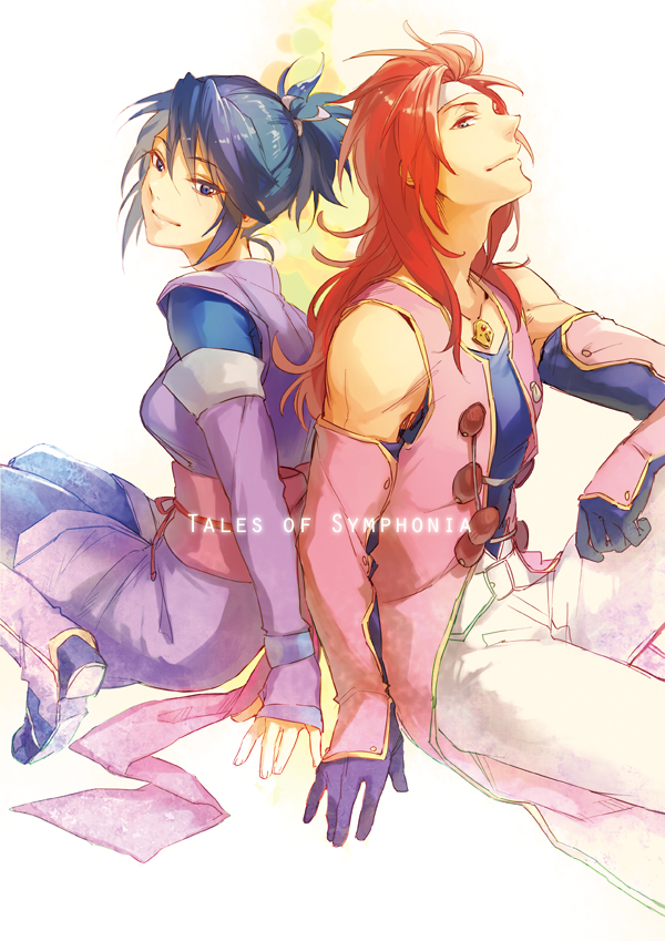 1boy, 1girl, back-to-back, blue_eyes, blue_hair, fujiazuki, gloves, headband